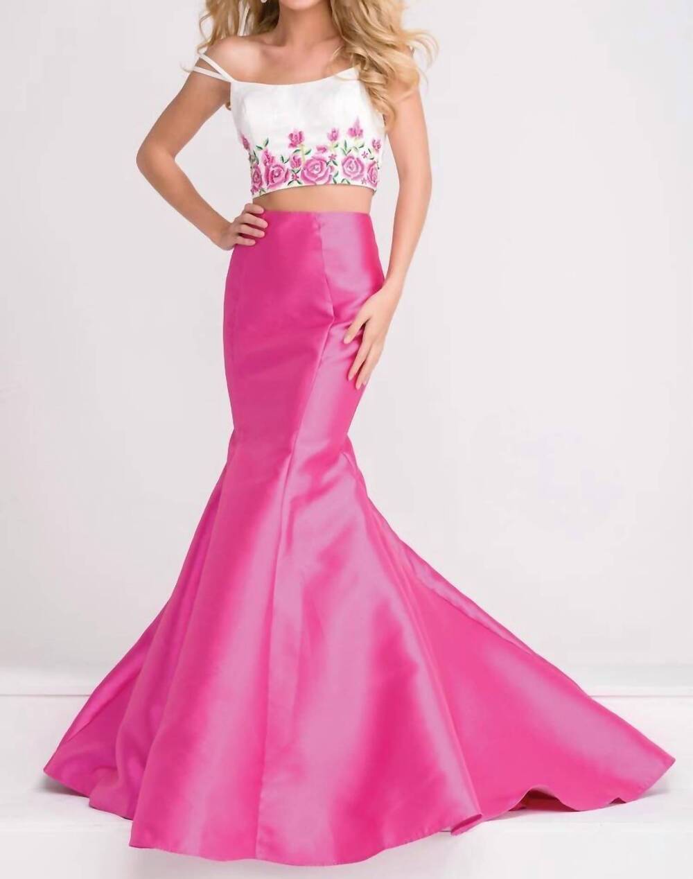 NEW JVN off the shoulder embroidered mermaid prom dress in fuchsia